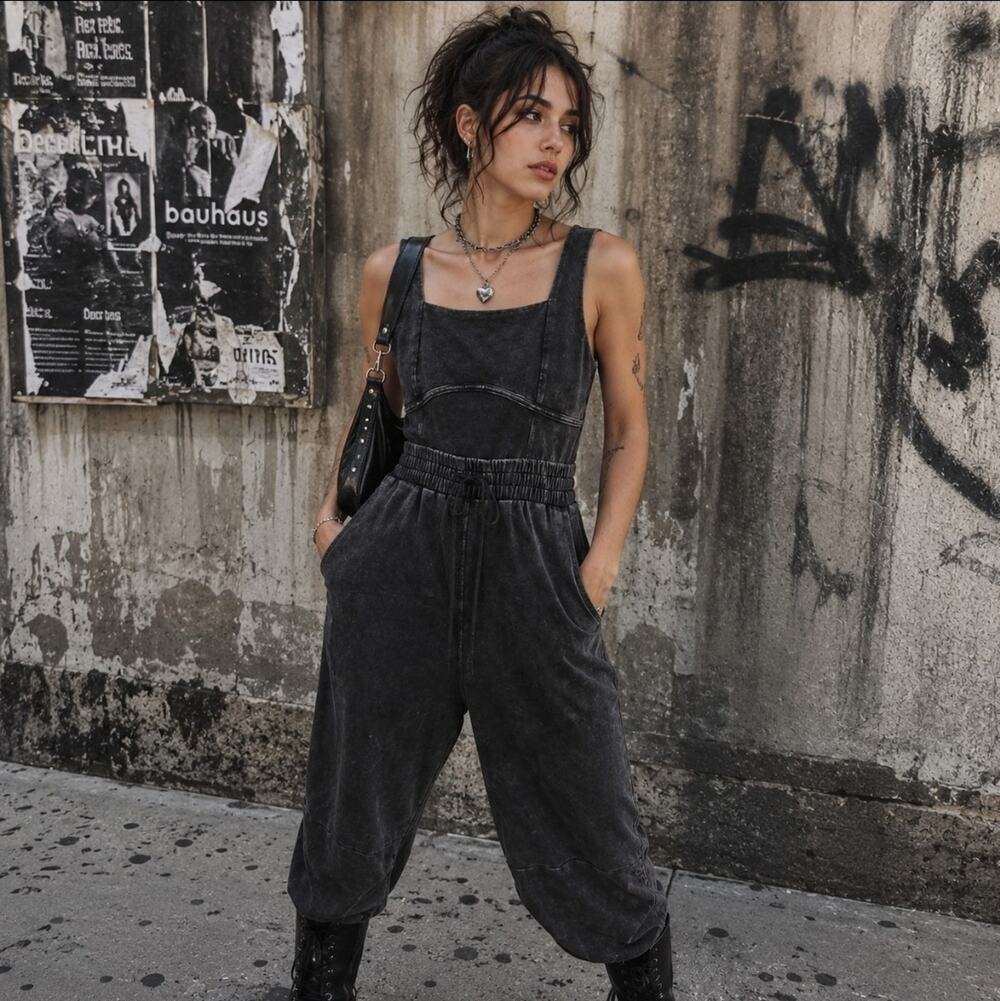 Distressed Gray Black Sz L Denim Grunge Jumpsuit Indie Sleaze Hipster Romper